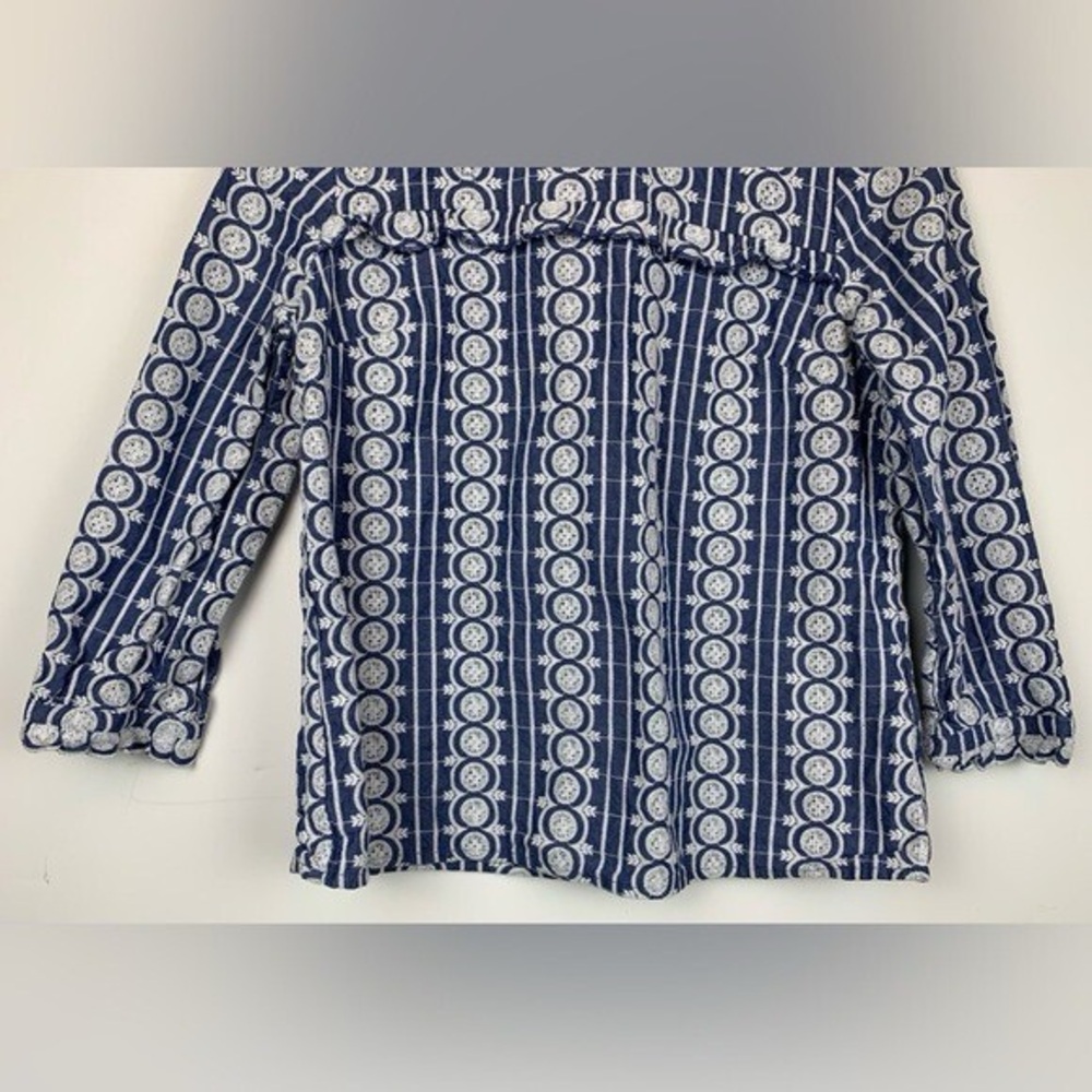 Boden Embroidered Eyelet Bib Blouse Ruffle Detail 3/4 Sleeve Blue & White Size 4 - Picture 5 of 10